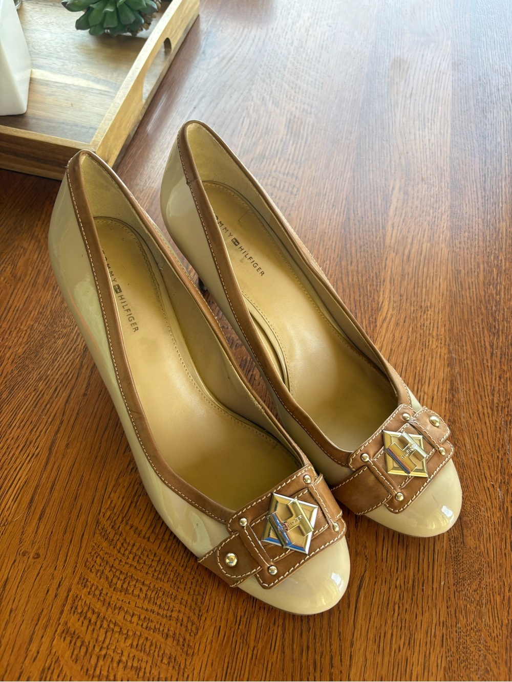 Tommy Hilfiger Cream and Brown Heels with Gold Emblem